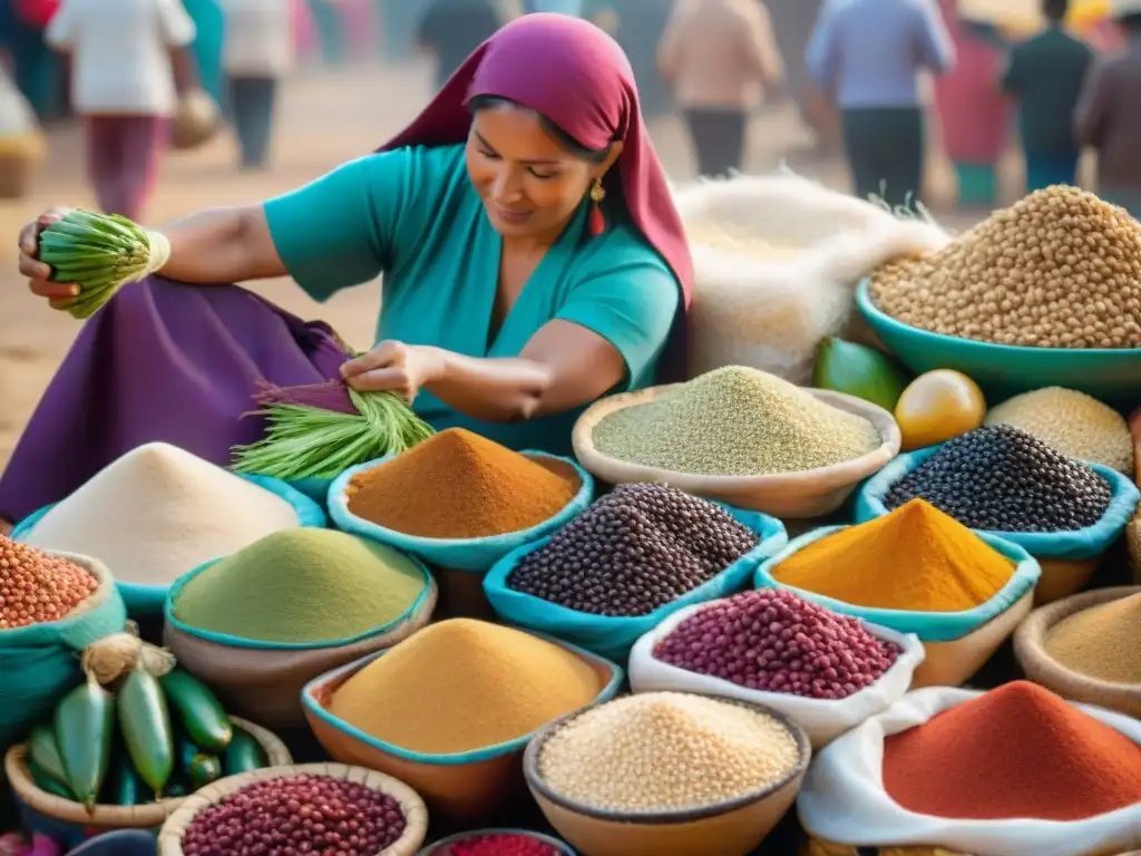 Una escena vibrante de un mercado peruano rebosante de superalimentos como quinua, maca, maíz morado y lúcuma