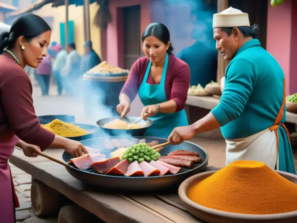 Escena vibrante en mercado peruano con Parrillas Peruanas Sabor Andino siendo preparadas por chefs locales