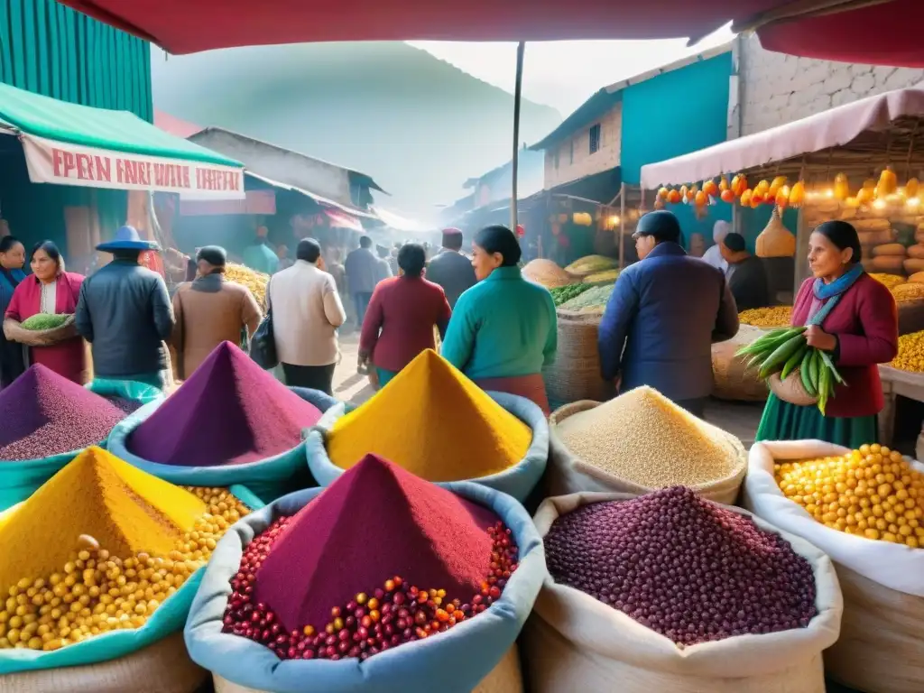 Escena vibrante de mercado peruano con ingredientes autóctonos