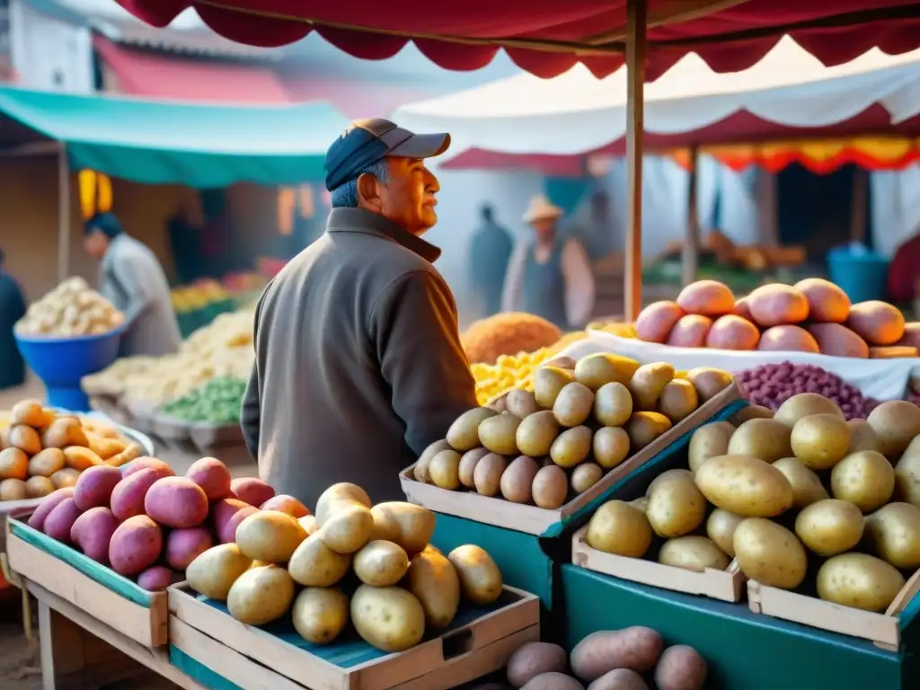 Escena vibrante en un mercado peruano, resaltando la importancia de la papa peruana