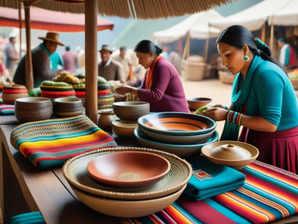 Escena vibrante de mercado peruano con accesorios de mesa para cena peruana en textiles y cerámicas coloridas