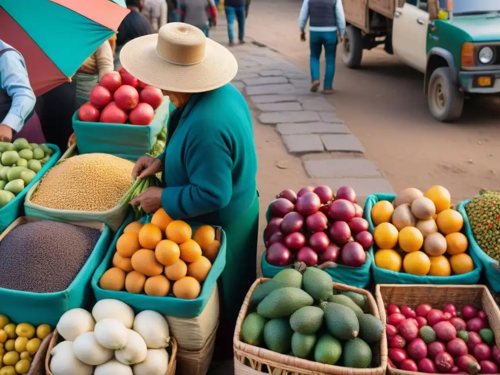 Escena vibrante de mercado peruano con La Cañihua y beneficios saludables de la cañihua