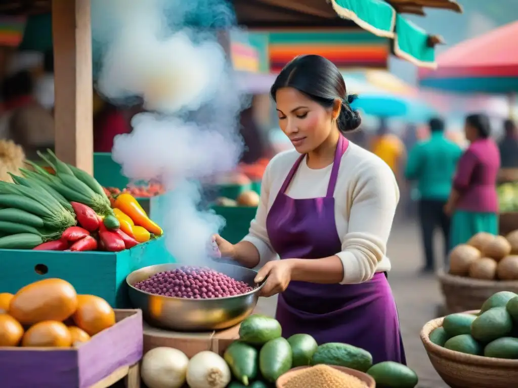 Una escena vibrante de un mercado peruano con una variedad de productos frescos y una mujer preparando un plato tradicional