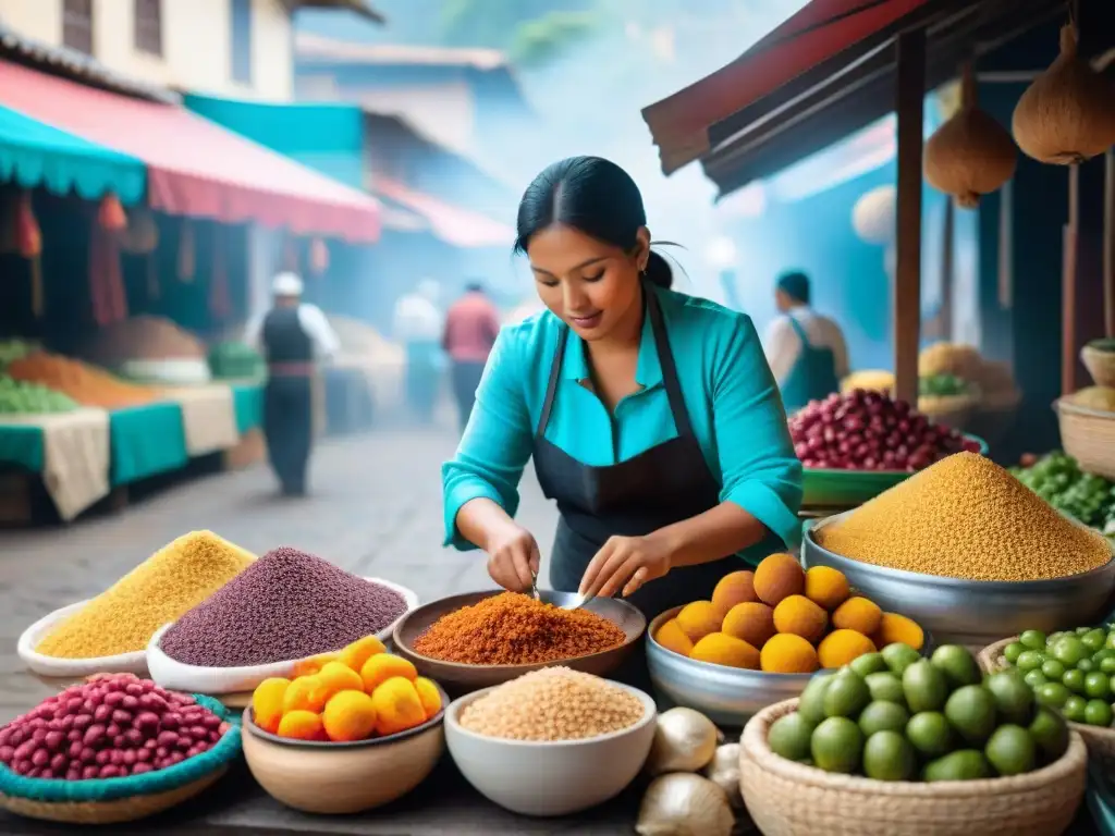 Escena vibrante de un mercado peruano tradicional con frutas coloridas y granos andinos, mostrando la riqueza culinaria