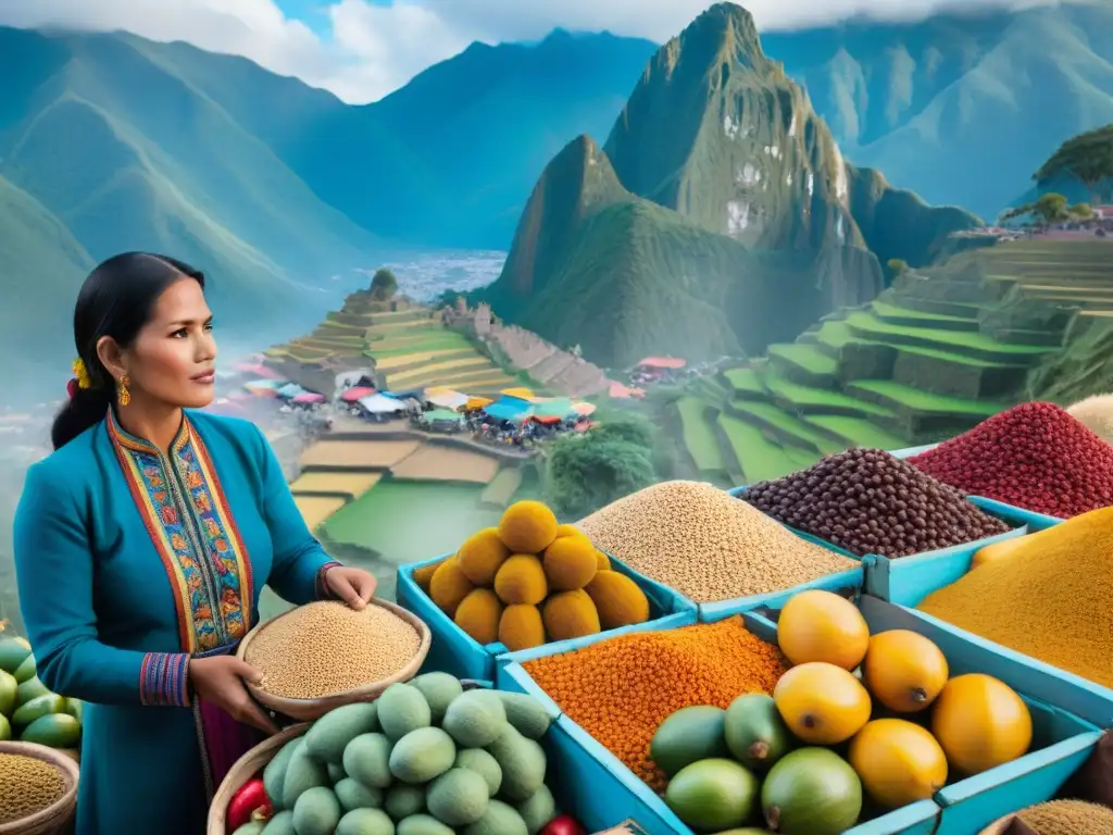 Escena vibrante de mercado peruano con superfoods como lucuma y quinua, vendedores indígenas y montañas