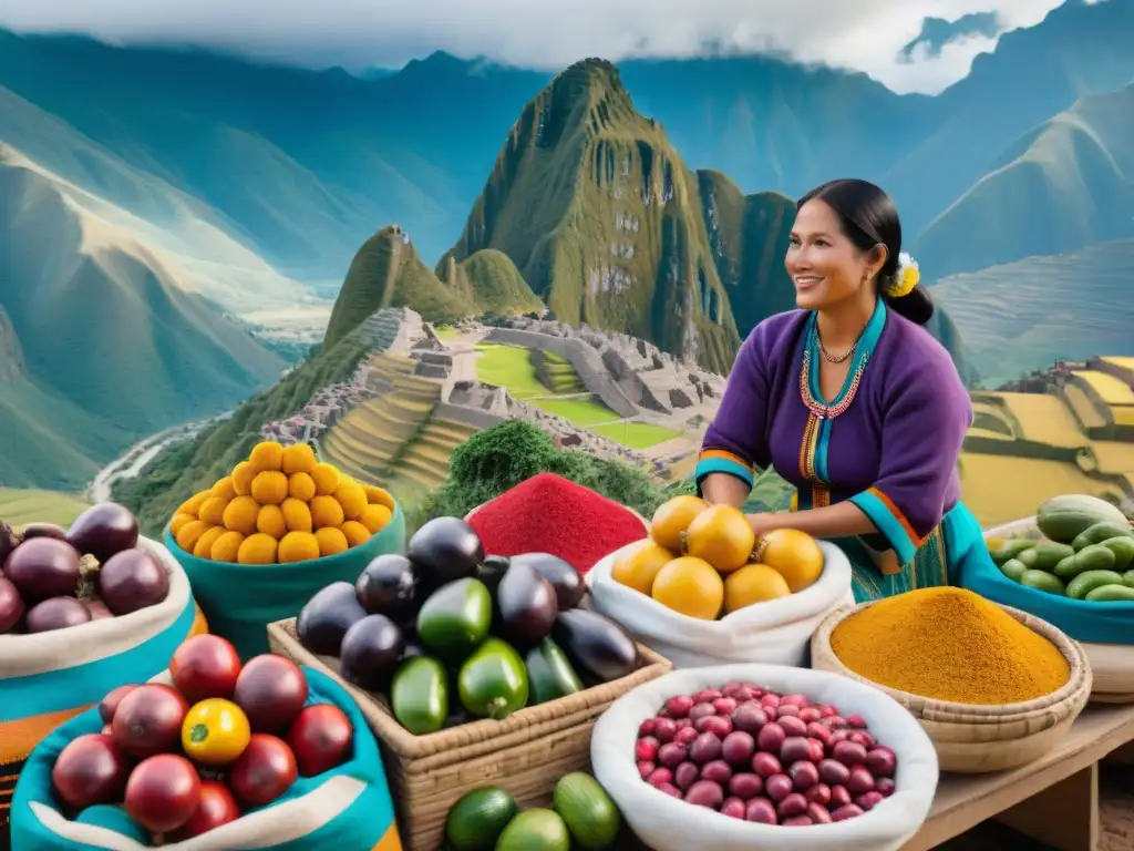 Escena vibrante de mercado peruano con frutas y verduras coloridas, reflejando la dieta peruana para mejorar salud