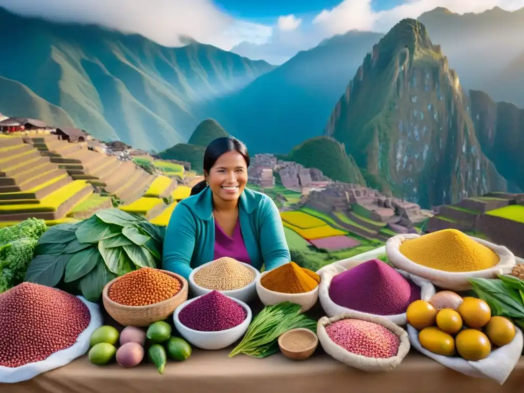 Escena vibrante de un mercado peruano con superfoods como la quinua y la maca