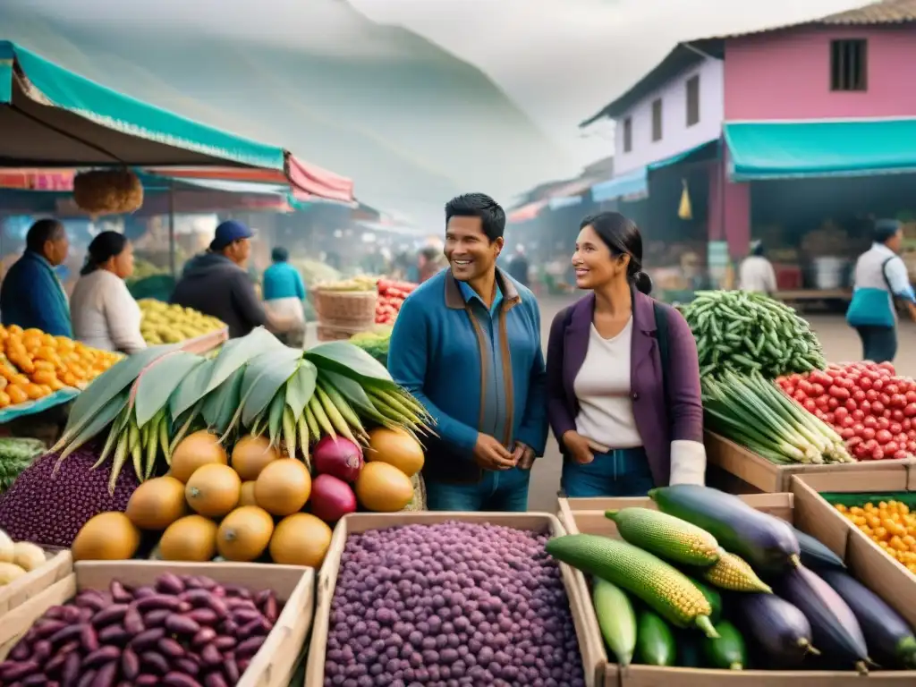 Escena vibrante de un mercado peruano con productos locales y coloridos, destacando la sostenibilidad en platos peruanos innovadores