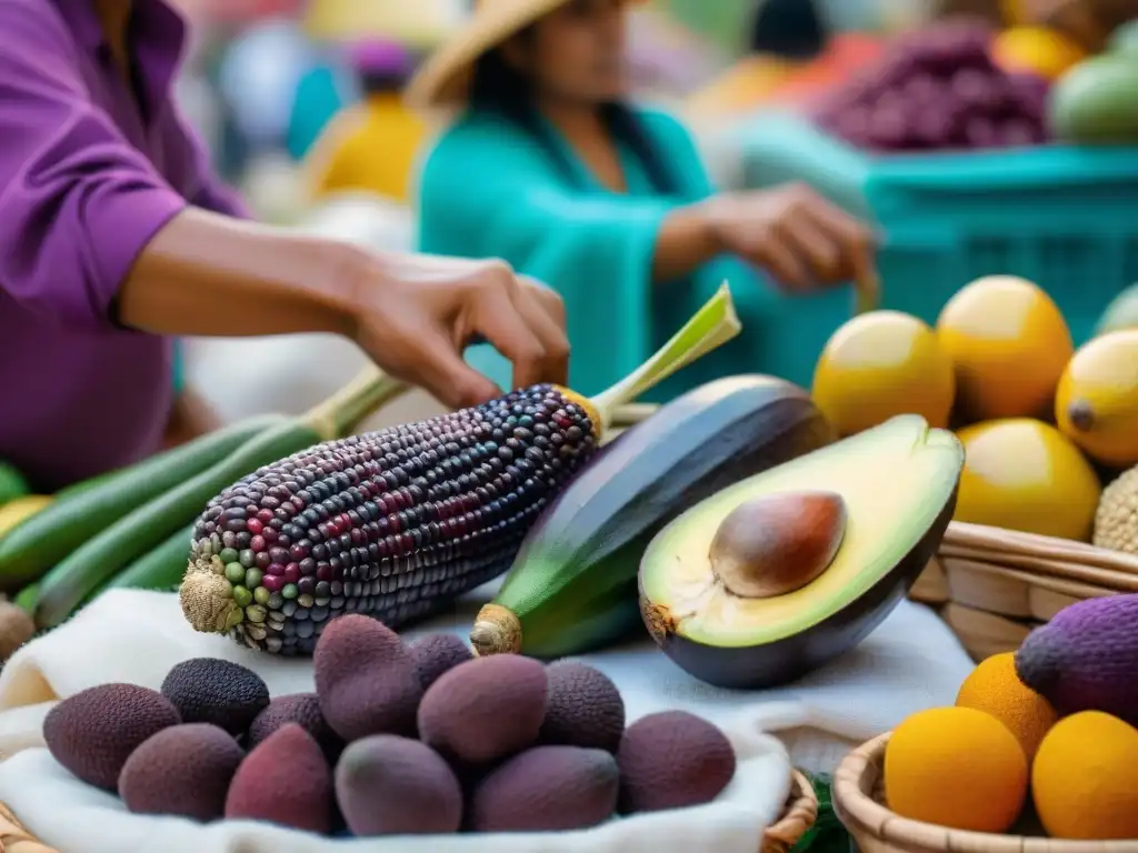 Escena vibrante de un mercado peruano tradicional con productos frescos y coloridos