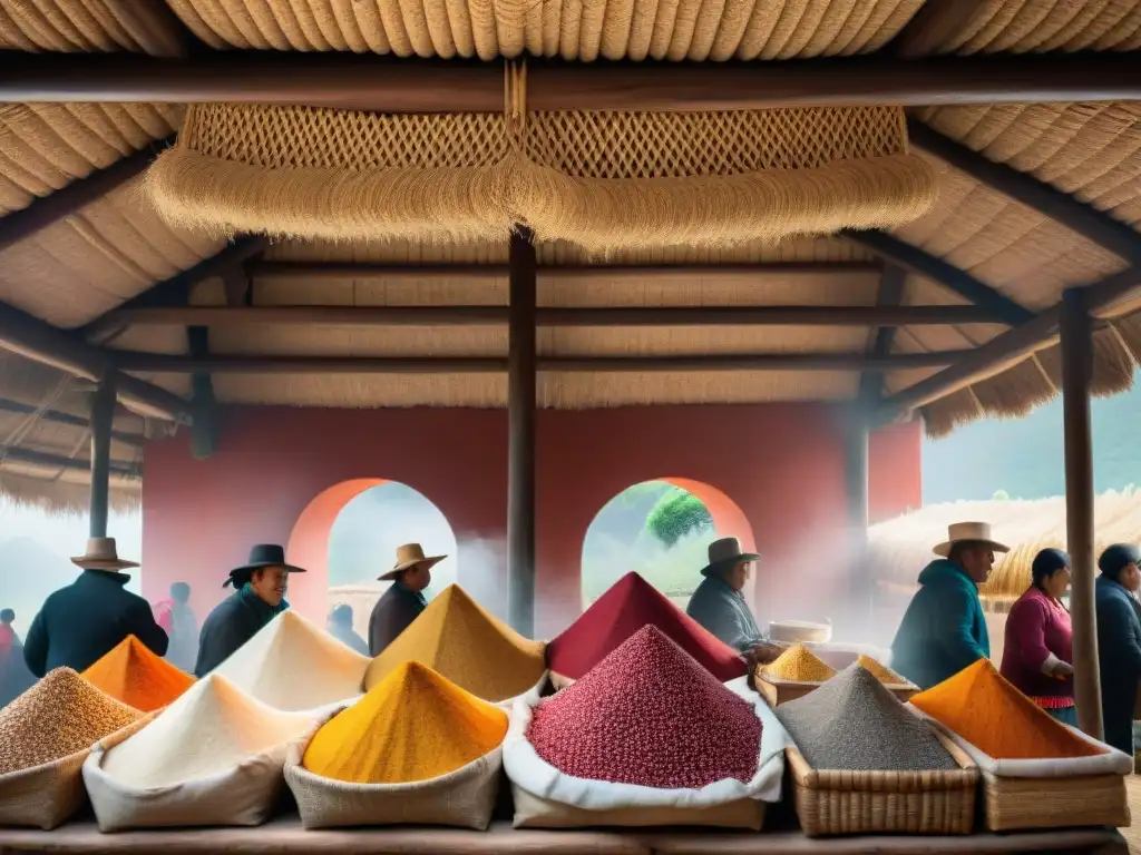Mercado andino: quinoa vibrante y tradición Escena vibrante en mercado peruano con beneficios de la quinua peruana