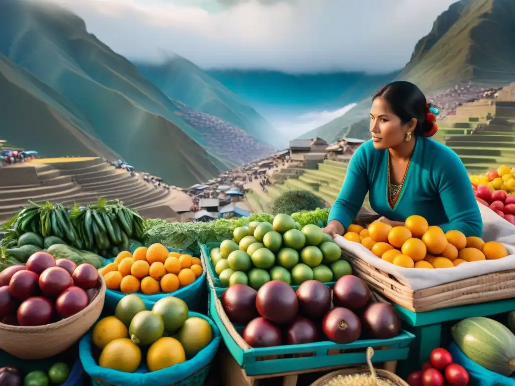 Escena vibrante de mercado peruano con frutas coloridas, destacando la lúcuma