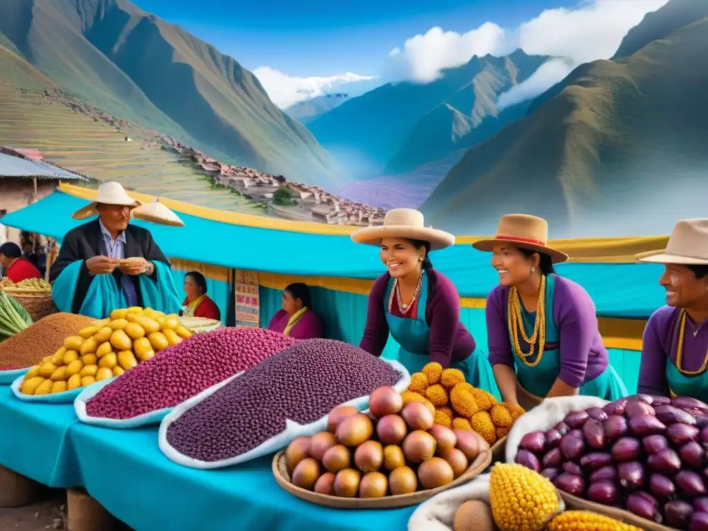 Escena vibrante en mercado peruano tradicional con ingredientes clave para la receta chicha morada tradicional