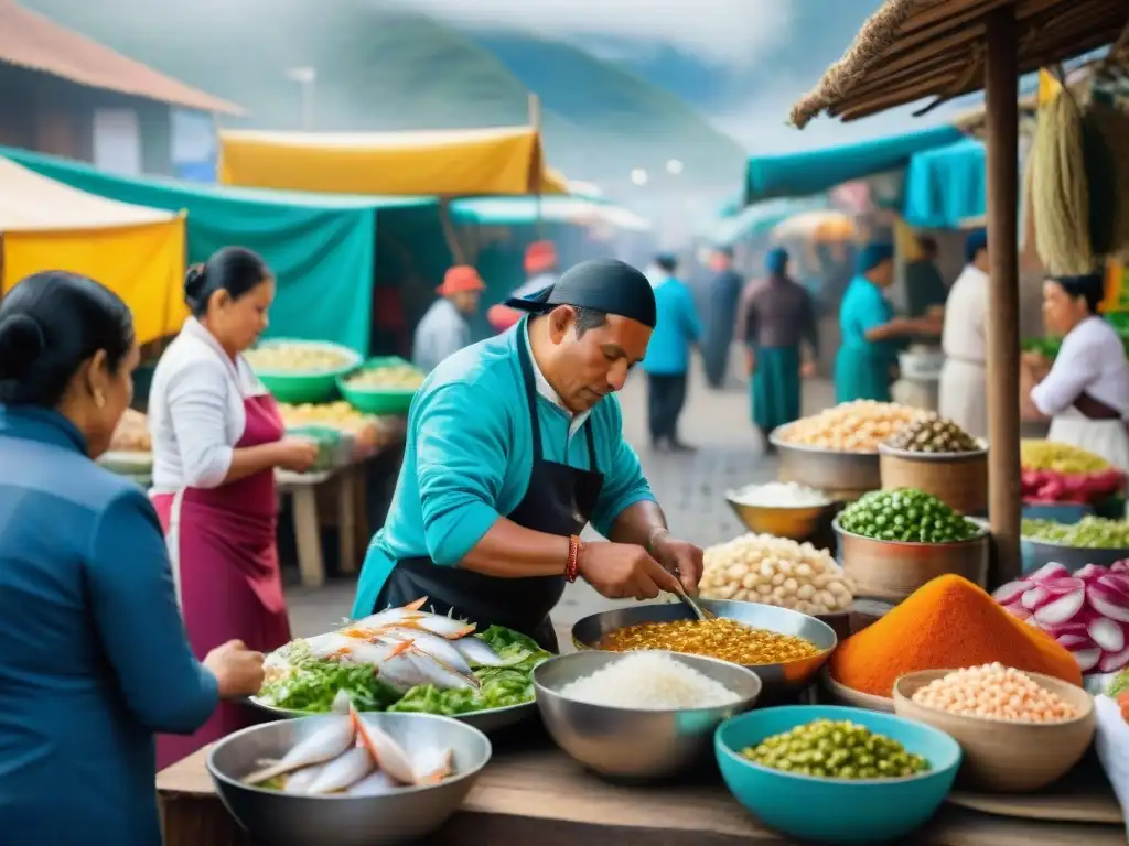 Escena vibrante en mercado peruano con preparación de ceviche