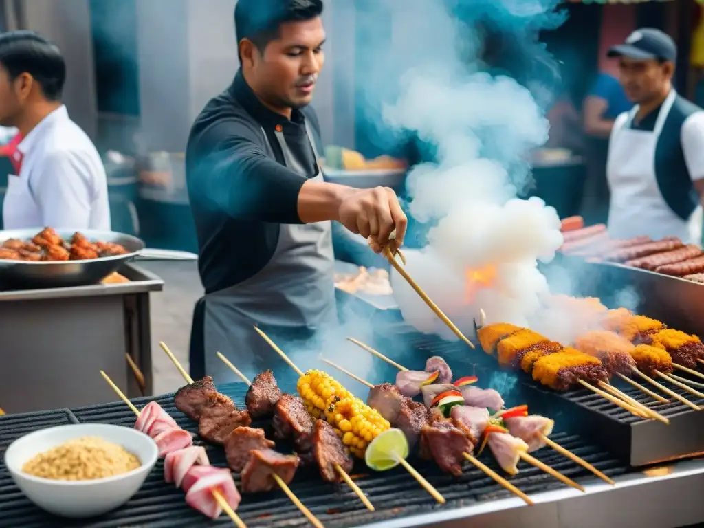 Escena vibrante en mercado peruano con chefs preparando anticuchos en parrillas tradicionales