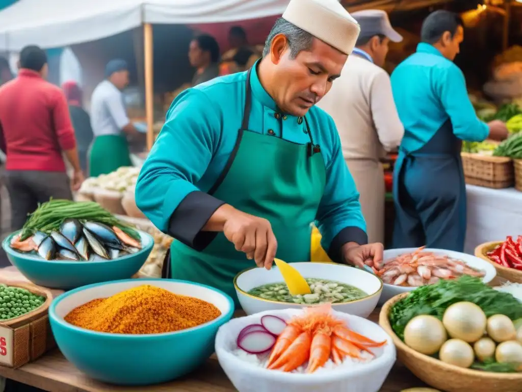 Escena vibrante en mercado peruano con vendedores preparando ceviche