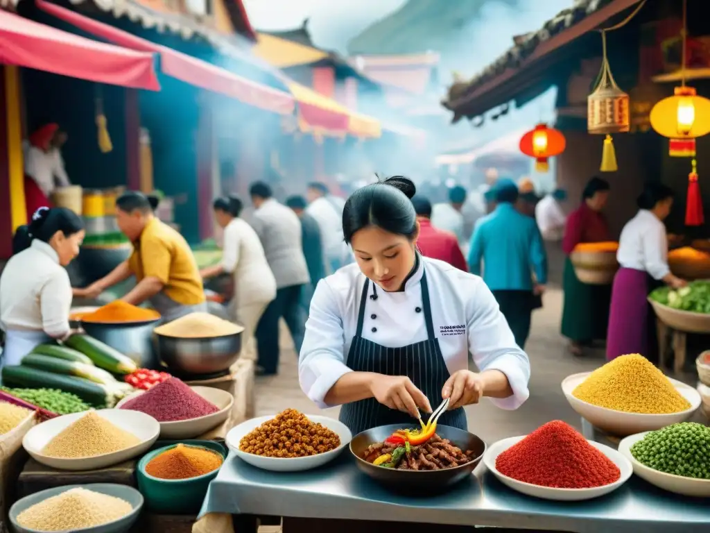 Escena vibrante de mercado peruano con influencias chinas en la gastronomía, historia inmigración china gastronomía peruana