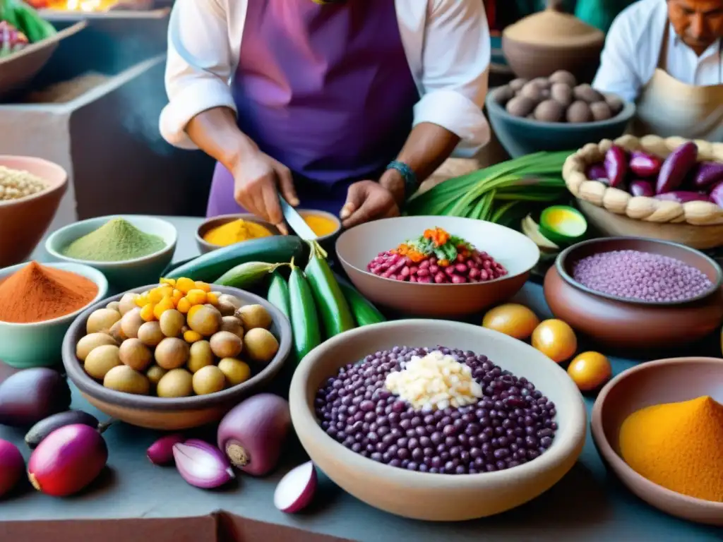 Escena vibrante en mercado peruano con ingredientes coloridos y chef preparando ceviche