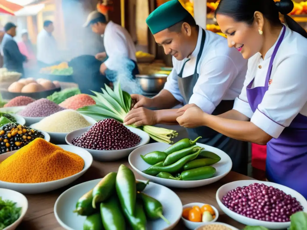 Una escena vibrante de un mercado peruano con ingredientes y colores diversos