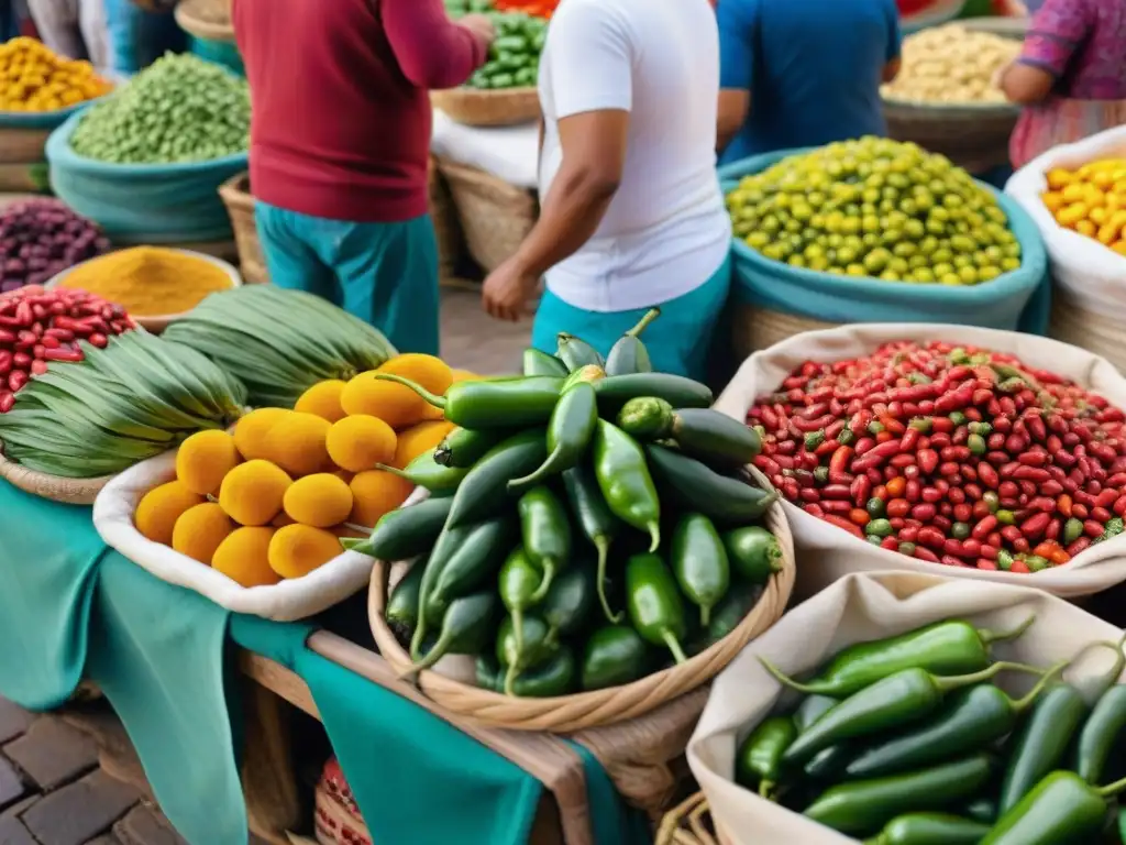 Una escena vibrante de un mercado peruano, destacando la importancia de los ingredientes autóctonos en la gastronomía peruana