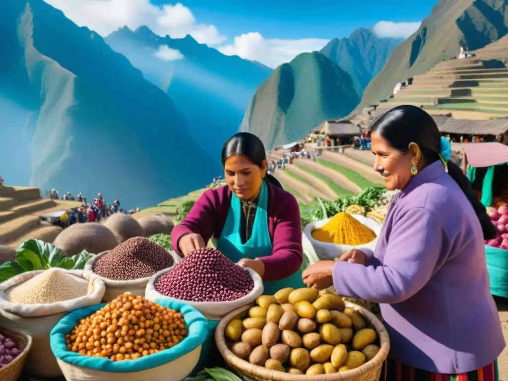 Escena vibrante de un mercado peruano con ingredientes autóctonos