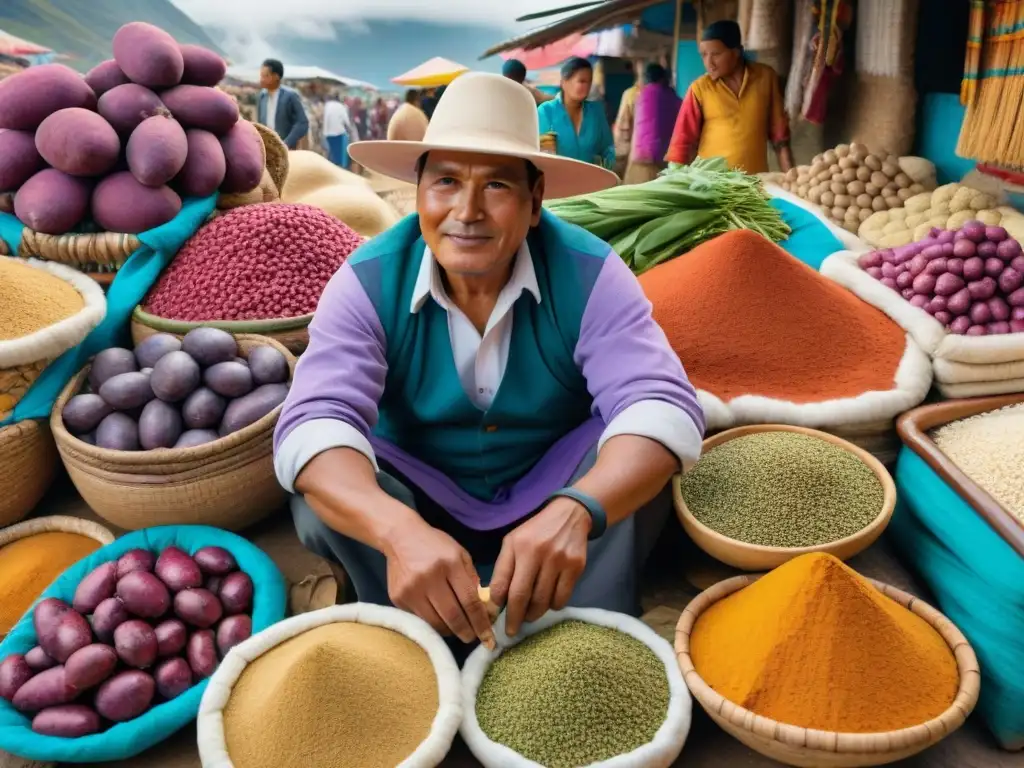 Escena vibrante de mercado peruano con ingredientes autóctonos