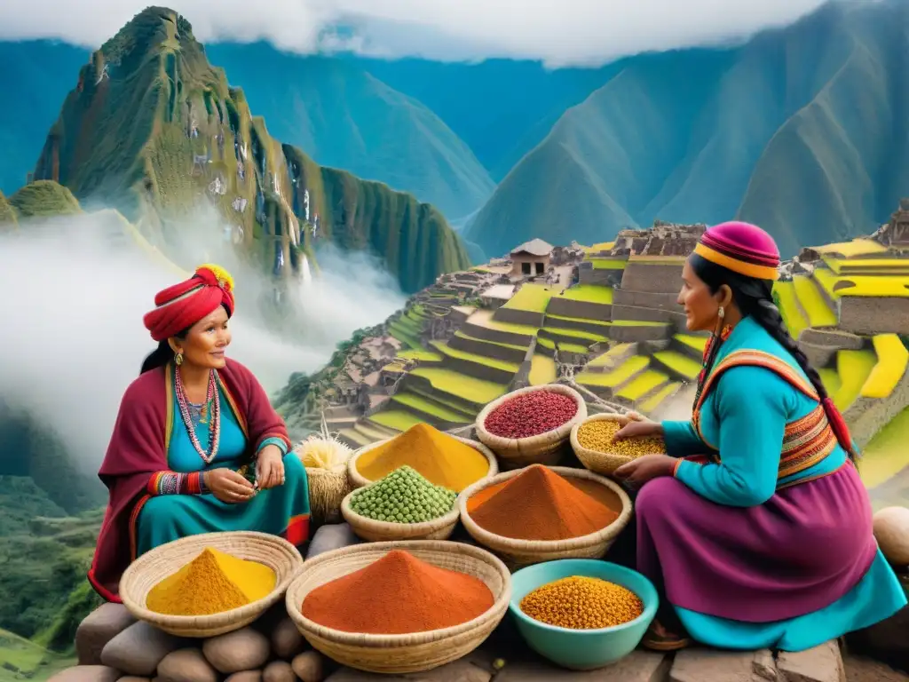 Una escena vibrante de mercado peruano con cúrcuma fresca y colorida, mujeres baratando en trajes tradicionales y ruinas incas de fondo