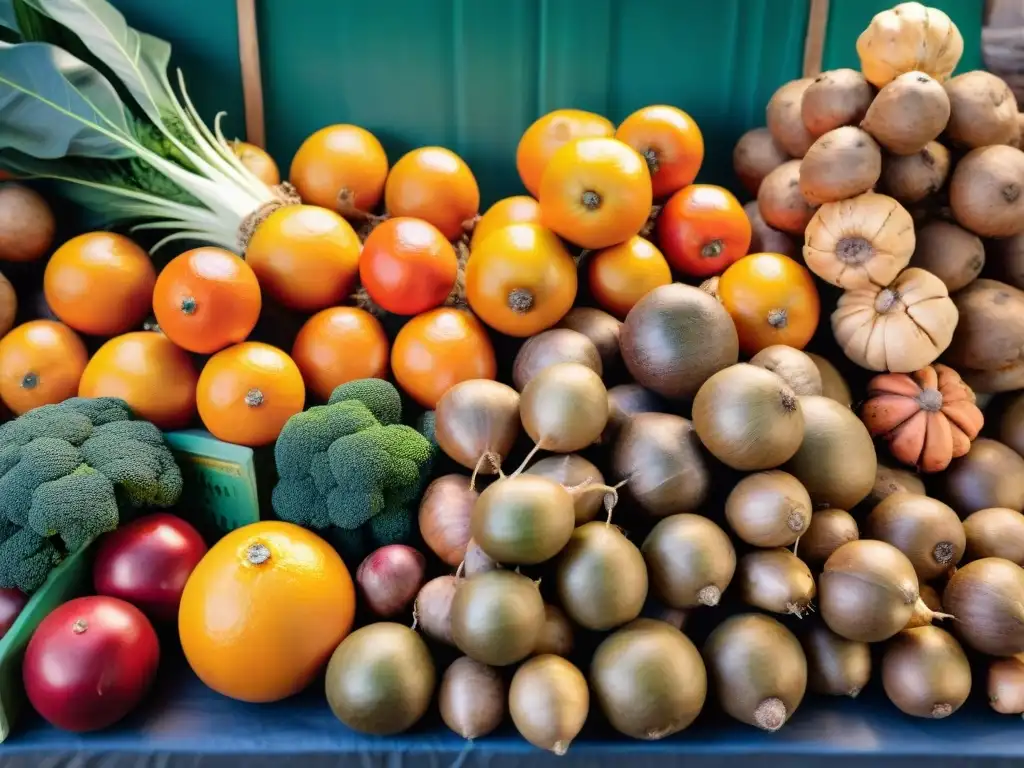 Una escena vibrante en un mercado peruano con raíces de cúrcuma fresca, destacando los beneficios de la cúrcuma peruana