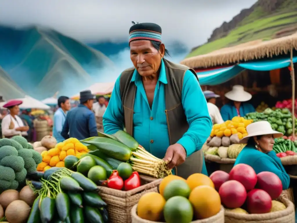 Escena vibrante de un mercado peruano con ingredientes endémicos de la gastronomía peruana