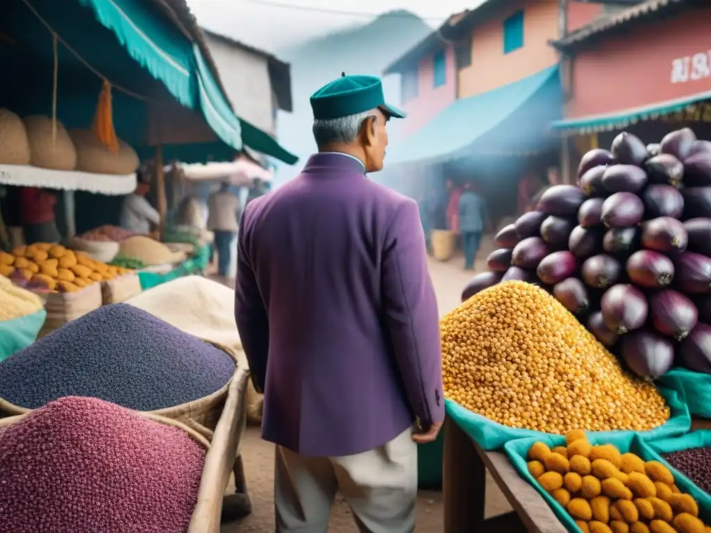 Escena vibrante de mercado peruano con ingredientes nativos coloridos