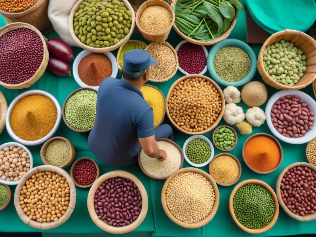 Escena vibrante de mercado peruano con legumbres y vendedores en trajes tradicionales