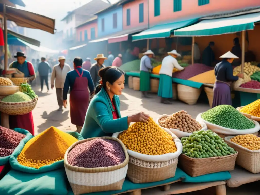 Escena vibrante en mercado peruano con legumbres coloridas en cestas tejidas