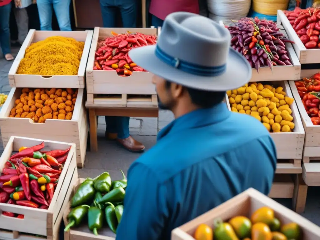 Escena vibrante en mercado peruano con ajíes rojos y amarillos resaltando la importancia del ají en Perú