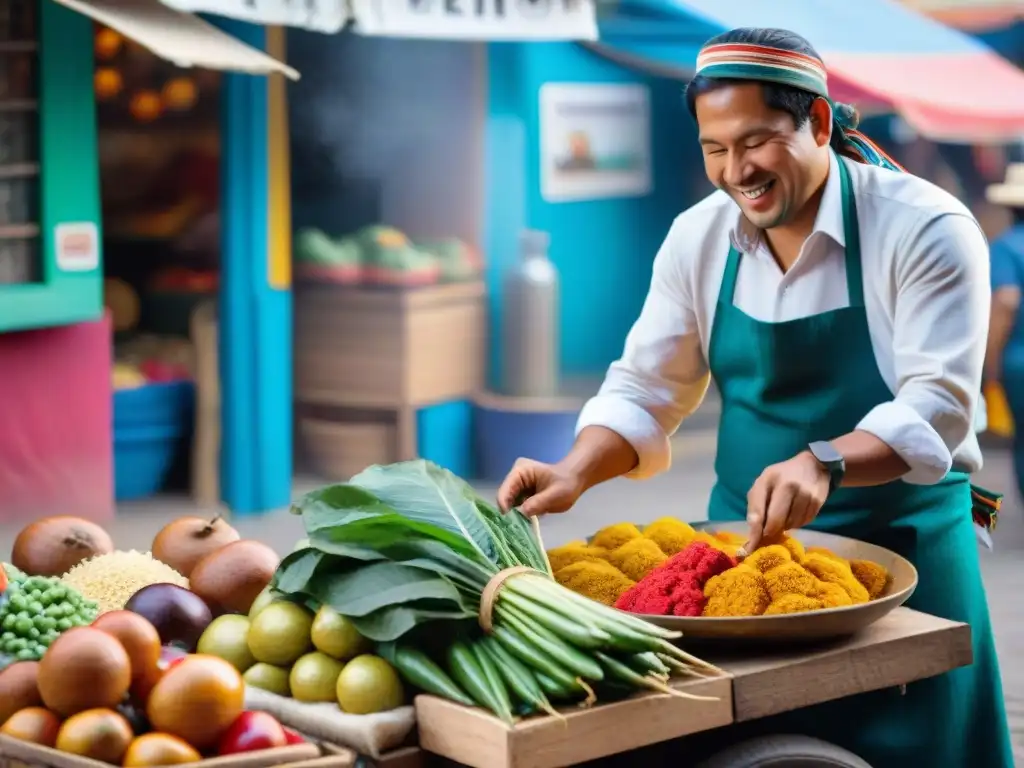 Escena vibrante de mercado peruano con platos peruanos para celebraciones fiesta en una atmósfera auténtica y colorida