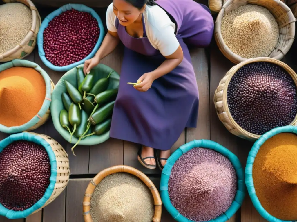 Escena vibrante de un mercado peruano con historia ingredientes autóctonos Perú, colores y detalles