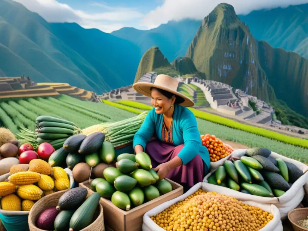 Escena vibrante de un mercado peruano con agricultura sostenible, productores locales y coloridos productos frescos