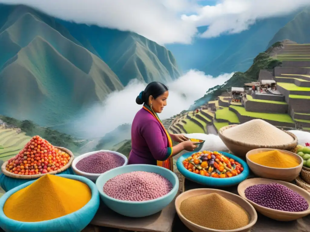 Escena vibrante en mercado peruano: frutas, textiles, mujeres ataviadas, chef preparando ceviche