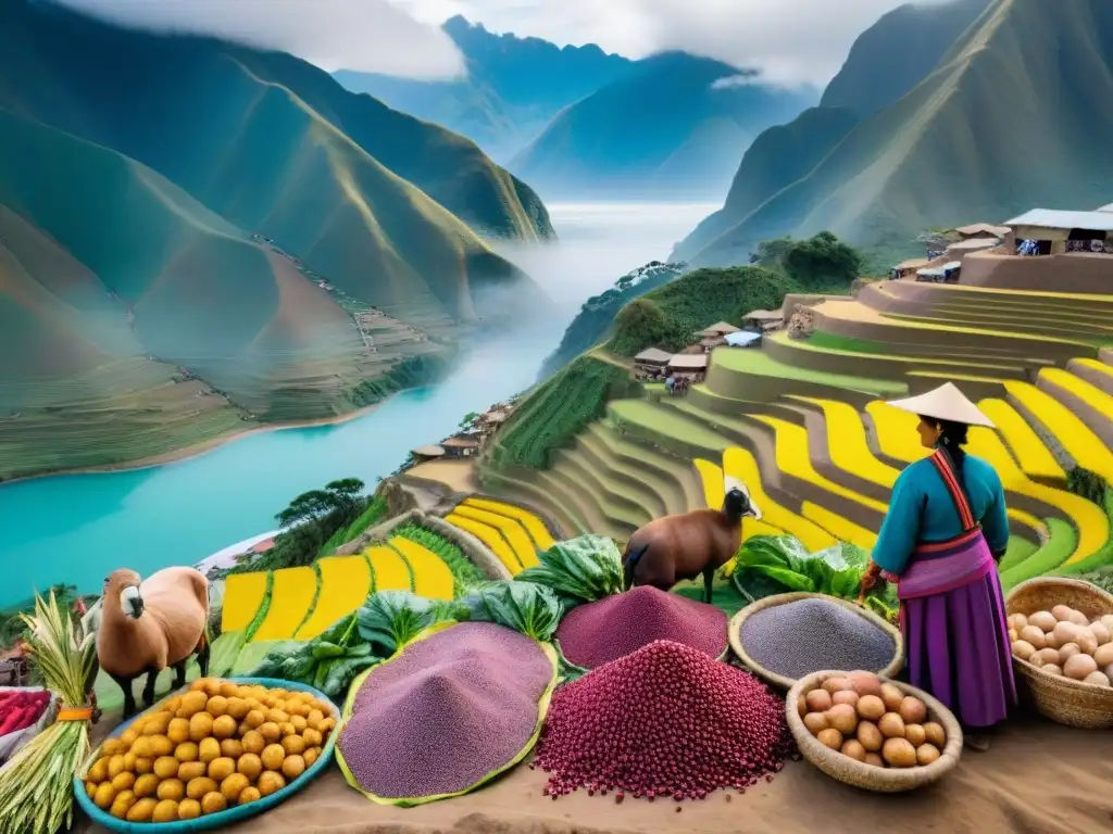 Escena vibrante de mercado peruano con biodiversidad de cultivos, colores y montañas