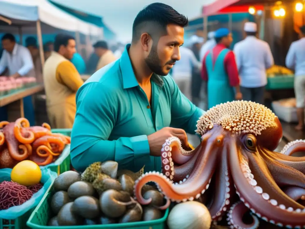 Escena vibrante en mercado peruano con biodiversidad marina y cultivos locales