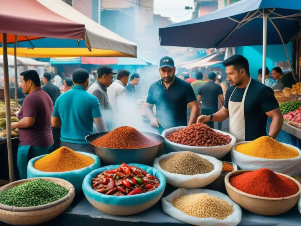 Escena vibrante en mercado peruano con ingredientes frescos para lomo saltado