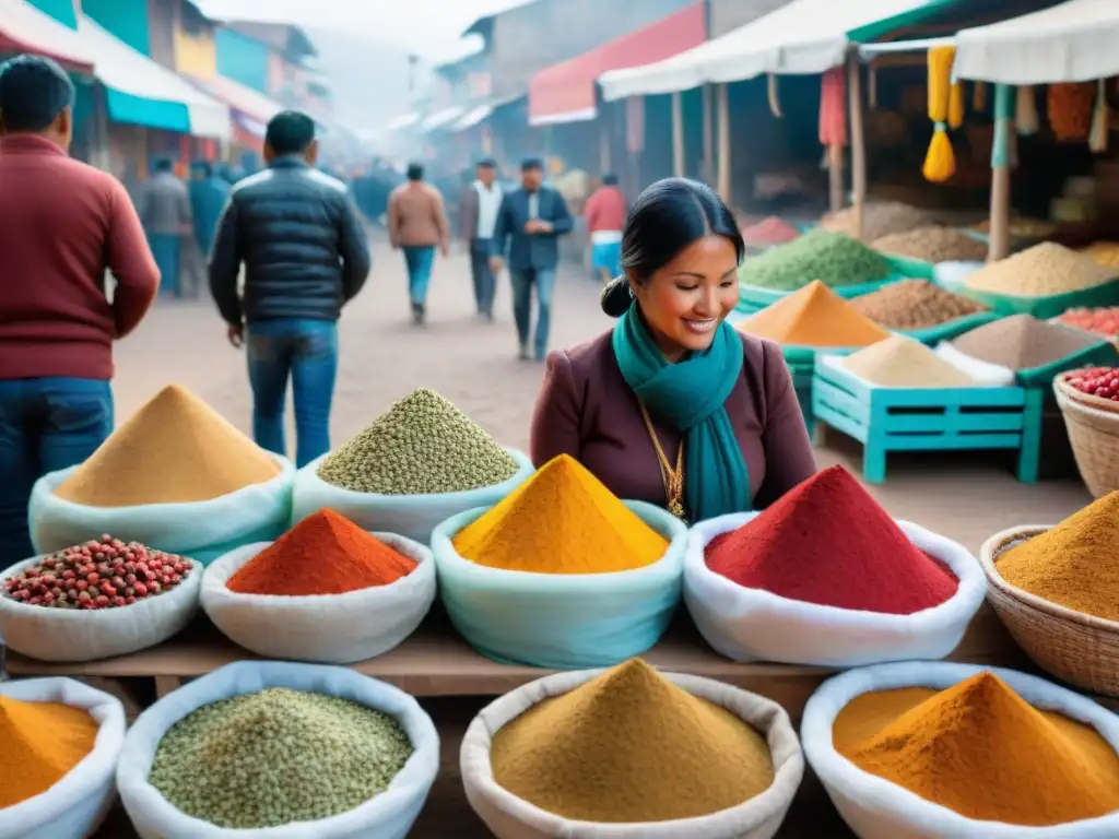 Una escena vibrante en un mercado peruano con especias locales y una mujer tradicional