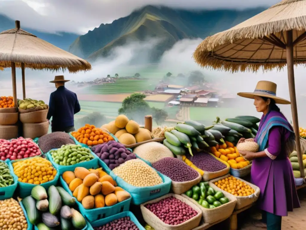 Escena vibrante de mercado peruano con verduras locales coloridas bajo la cálida luz solar