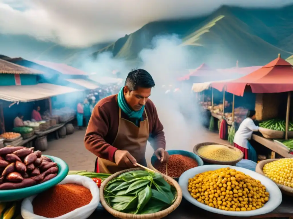 Escena vibrante en un mercado peruano tradicional, destacando ingredientes frescos y coloridos para preparar Anticuchos