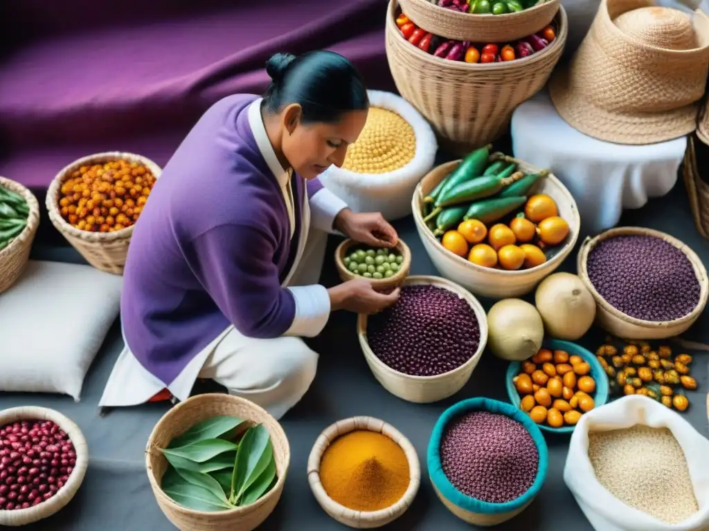 Escena vibrante de mercado peruano con ingredientes autóctonos