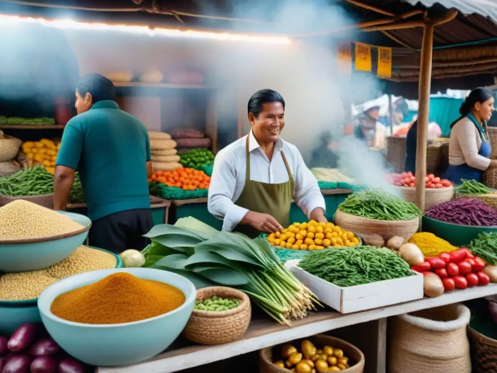 Escena vibrante de mercado peruano con ingredientes para sopas y caldos tradicionales