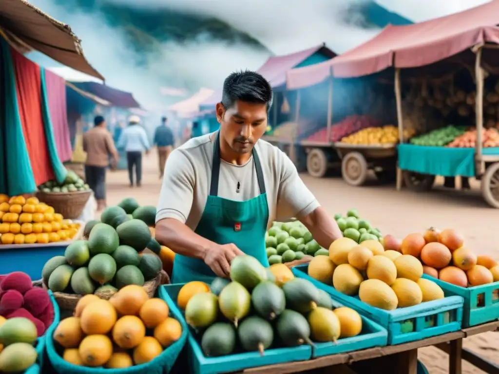 Escena vibrante en mercado peruano con extractoras jugo frutas peruanas y coloridas frutas exóticas como lucuma y maracuyá