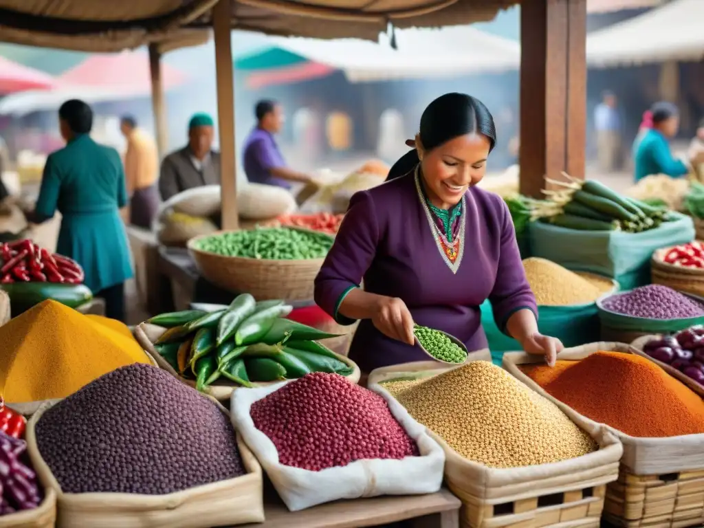 Una escena vibrante de un mercado peruano con ingredientes frescos y coloridos, donde una mujer examina la calidad de los productos