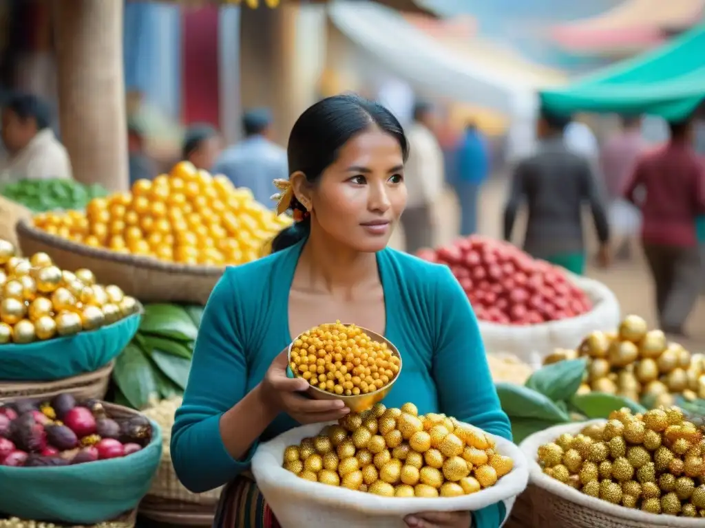 Escena vibrante de un mercado peruano con puestos de frutas y bayas doradas