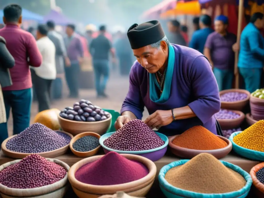 Escena vibrante en el mercado peruano durante el Festival de la Chicha Morada, con coloridos atuendos y gastronomía peruana