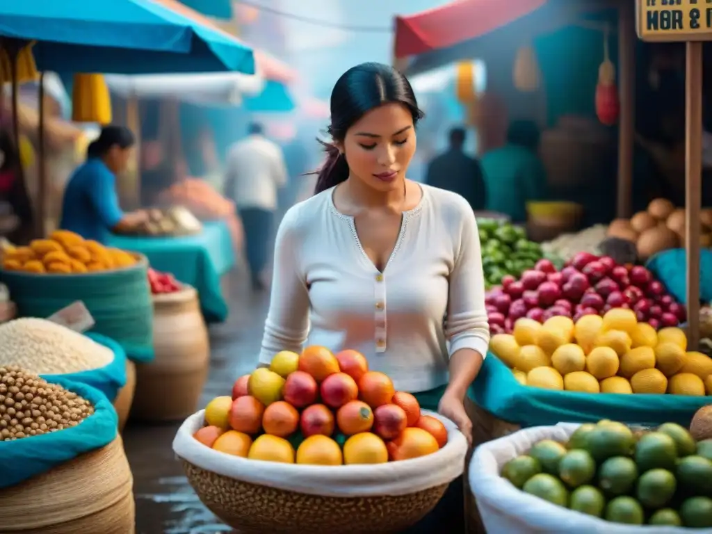 Escena vibrante de mercado peruano con ingredientes y vendedores locales