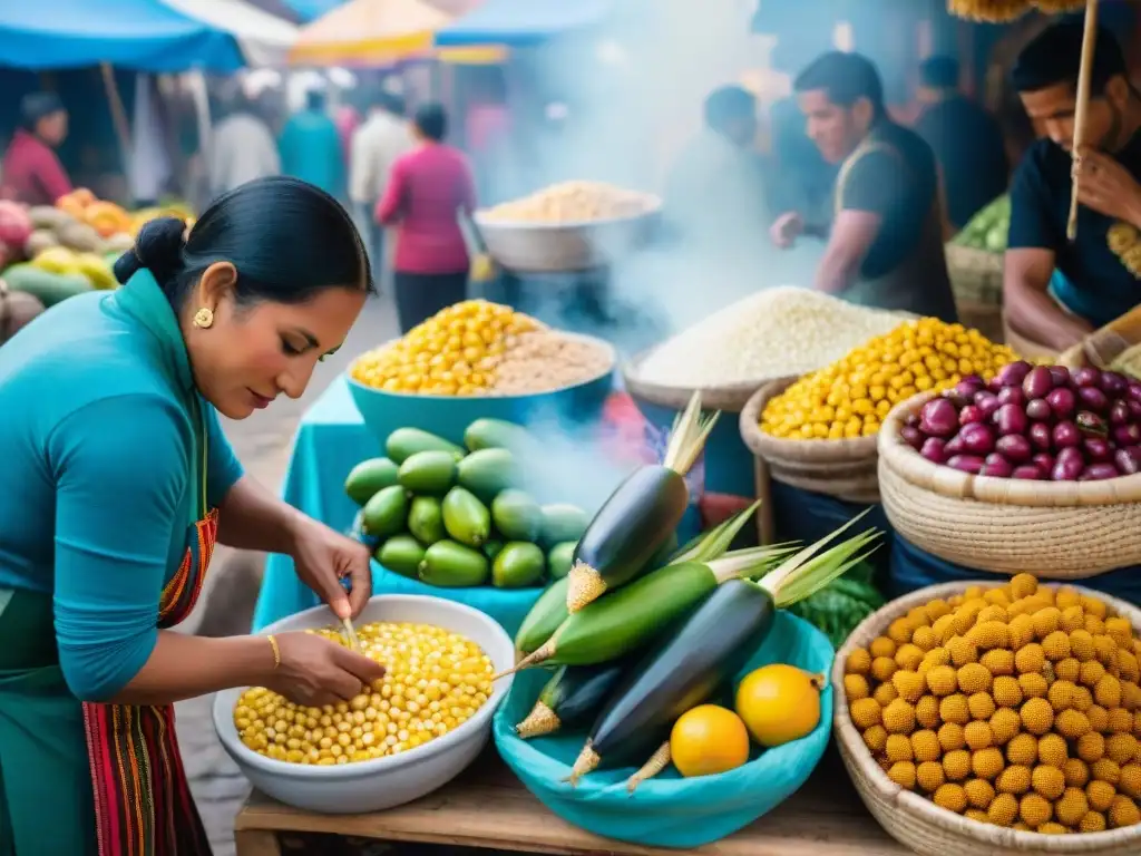 Escena vibrante de un mercado peruano con frutas coloridas y platos tradicionales preparados por chefs locales, promoviendo la gastronomía peruana